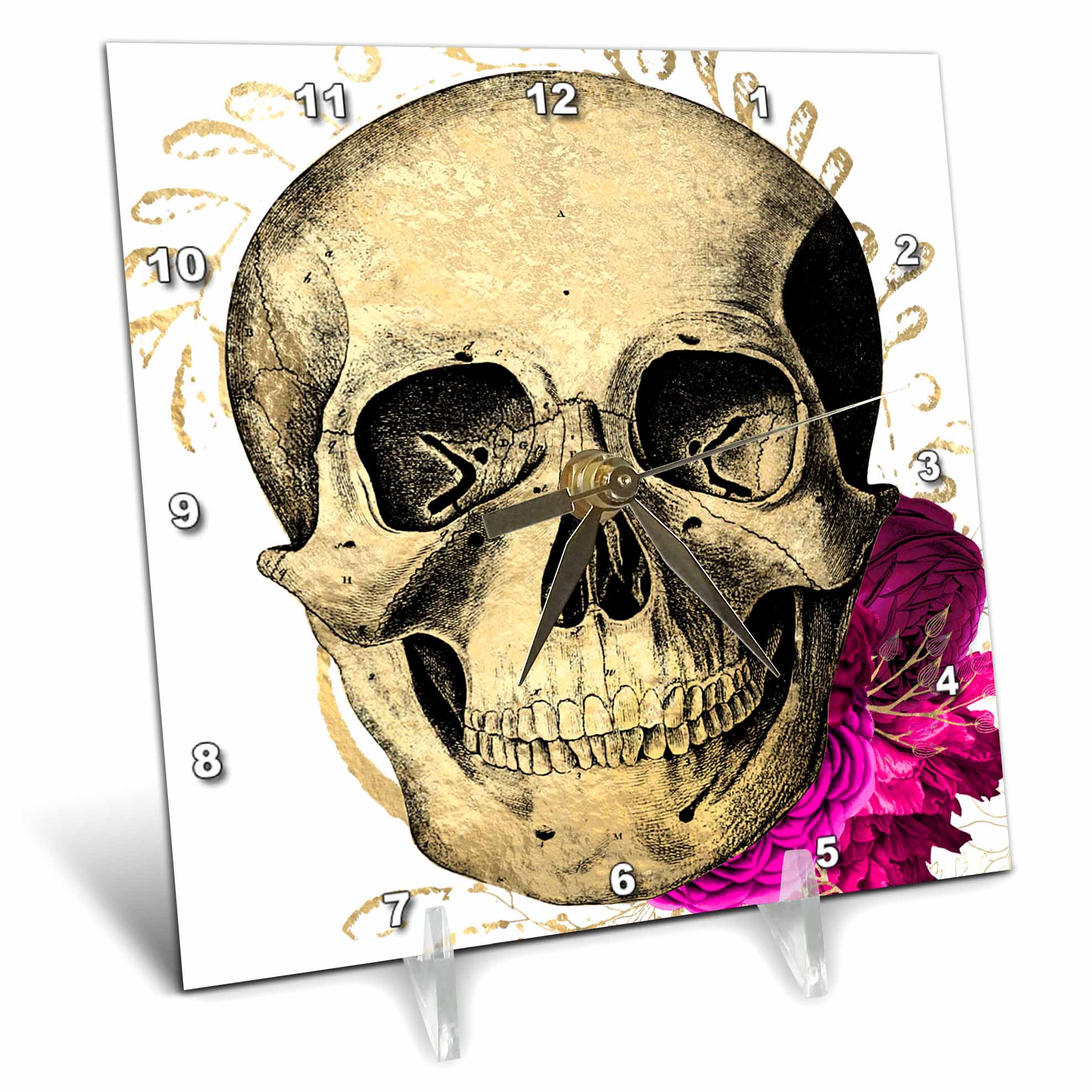 3dRose Anne Marie Baugh - Illustrations - Gothic Skull with Purple Flowers - Desk Clocks (dc_327279)