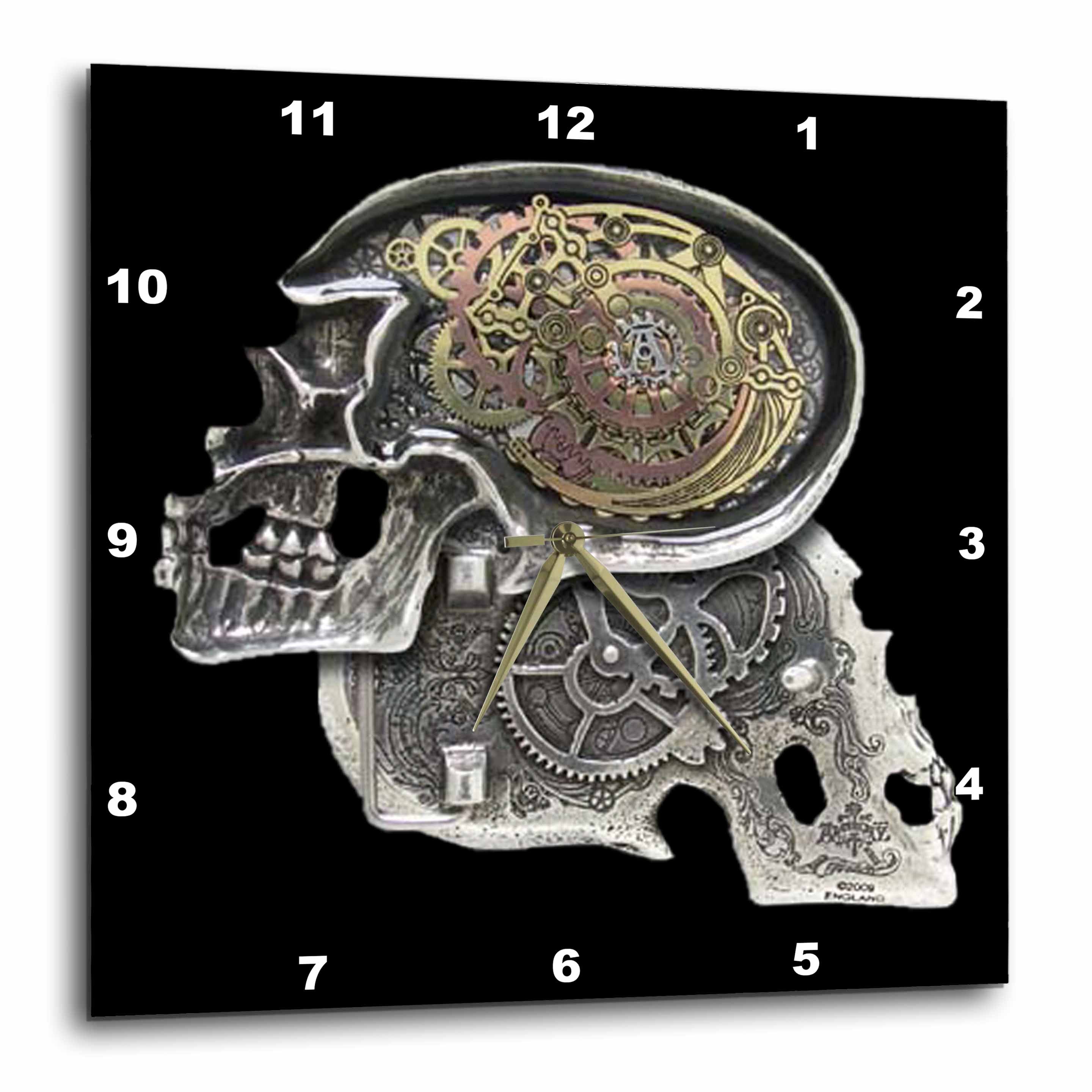 3dRose Dooni Designs Steampunk Designs - Steampunk Gothic Faux Metal Skull Image - Wall Clocks (DPP_102675)