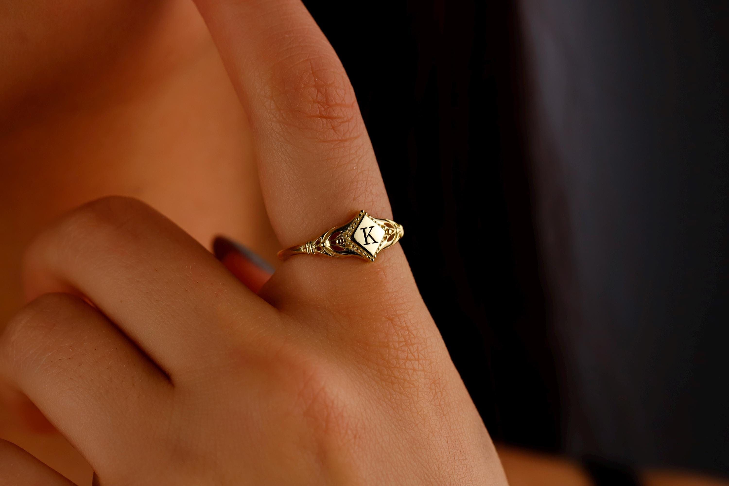 Bloom & Blossom Birth Month Flower Signet Ring - Custom Initial Pinky Ring - Dainty Goth Jewelry Gift
